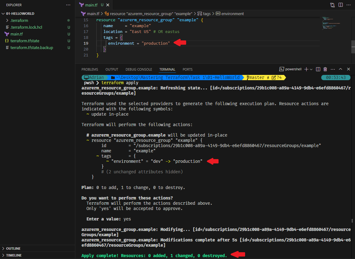 Terraform Apply, able to update for tags only in resource group.