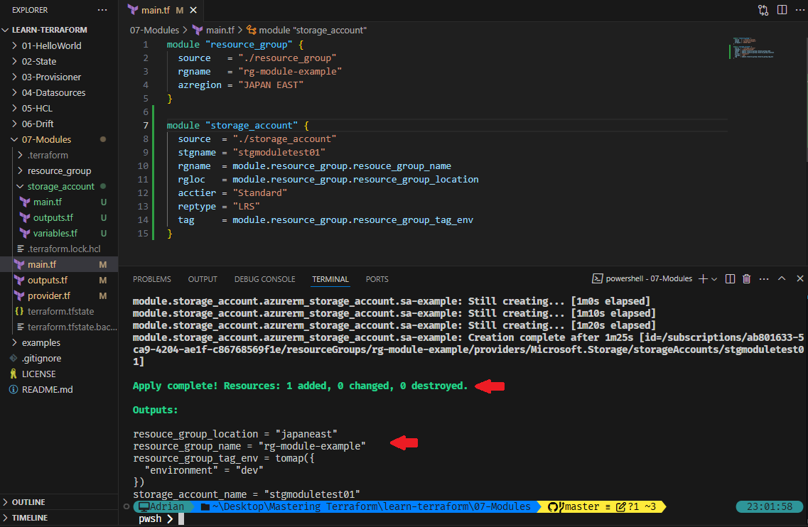 Reinitialized storage account in Terraform Module.