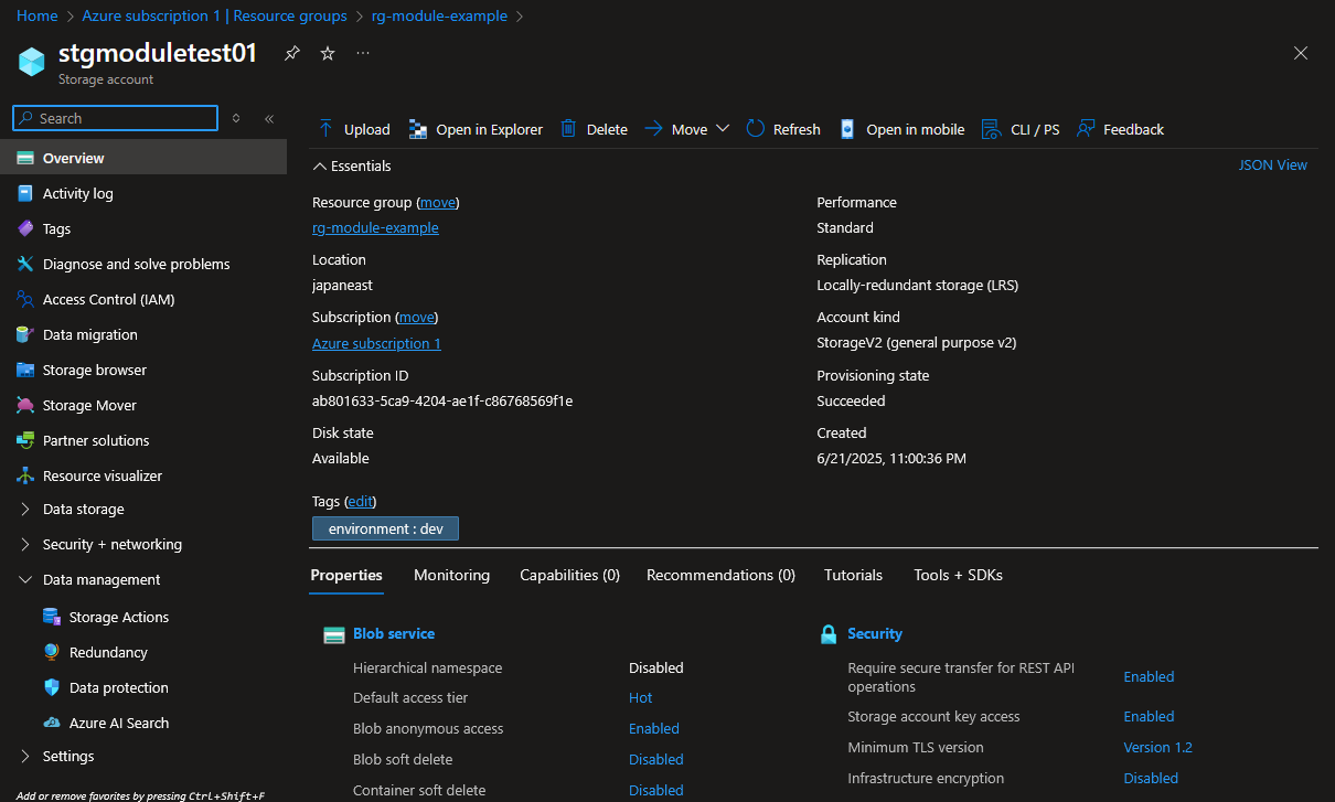 Verify Storage Account in Azure Portal.