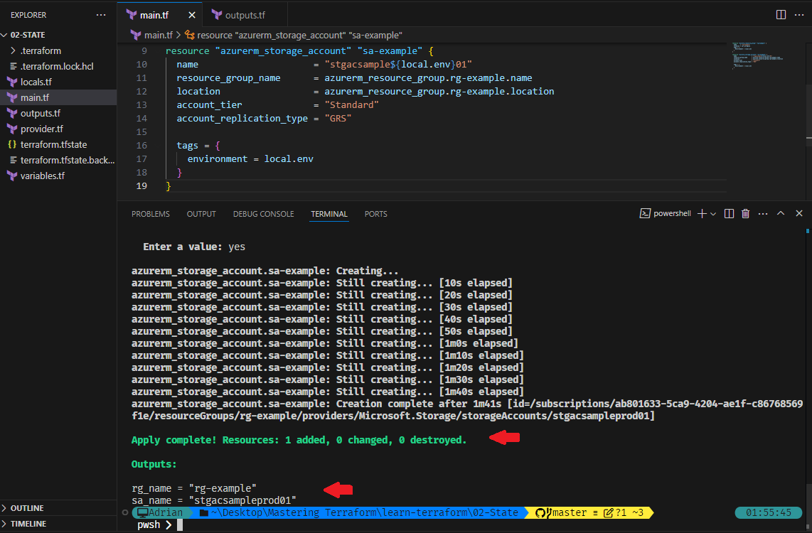 Terraform apply with resource of az storage.