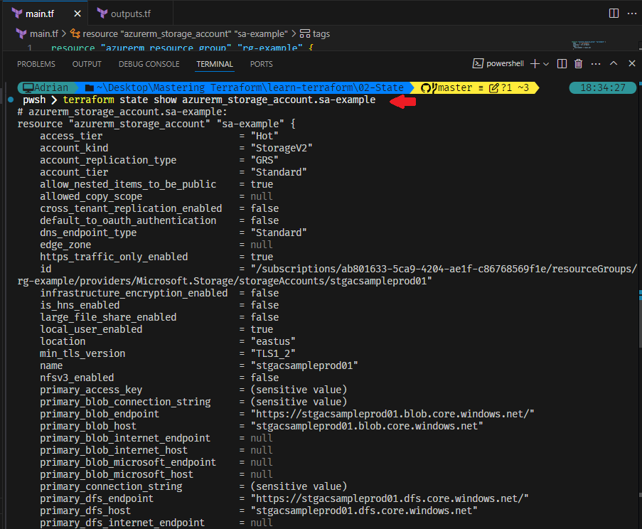 Terraform state show command.